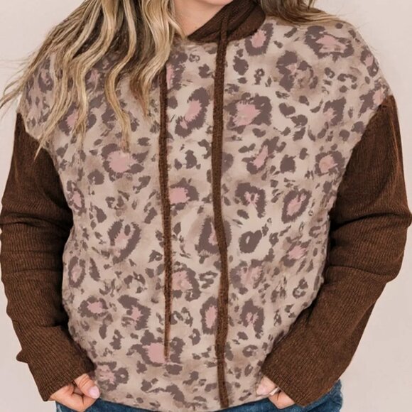 Plus Size Leopard Long Sleeve Drawstring Hoodie - Picture 1 of 10